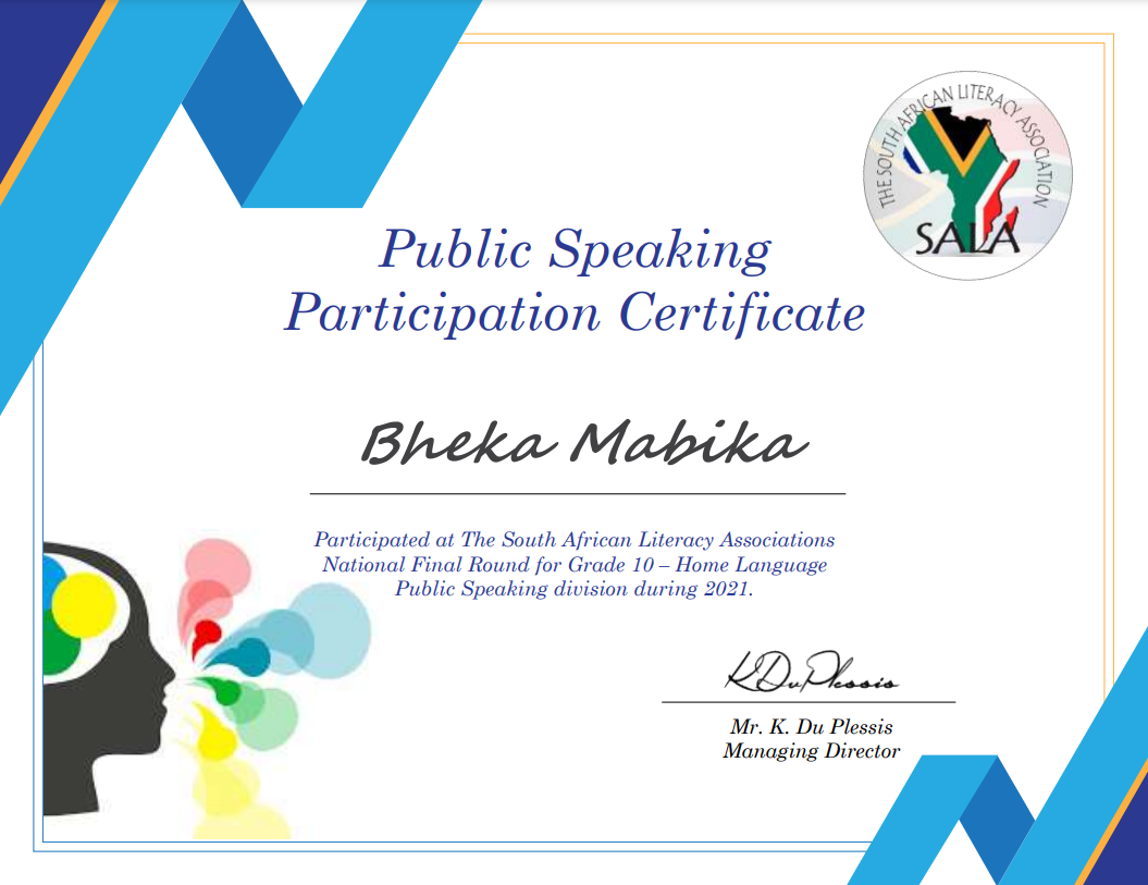 The certificate for Public Speaking Participation awared to Bheka Mabika.
